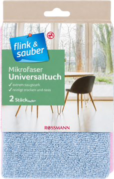 Opakowanie flink & sauber Rossmann: uniwersalne ścierki z mikrofibry (niebieska, różowa), 2 sztuki, bardzo chłonne.