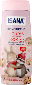 Różowy żel pod prysznic ISANA CREMEDUSCHE "I Love You More Than Cookies" wanilia i makadamia, z królikiem i szopem.