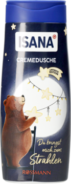ISANA Cremedusche Limited Edition, niebieski żel pod prysznic z misiem i świecącymi gwiazdkami, widok z przodu.