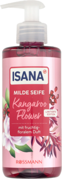 Butelka ISANA Milde Seife Kangaroo Flower, płynne mydło do rąk z pompką, widok z przodu, różowo-czerwona etykieta z kwiatami.