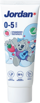 Jordan 0-5 years strawberry toothpaste tube, white, with a koala playing guitar and strawberries, front view.