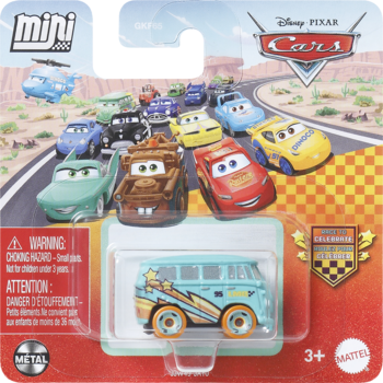 Mikroautko Disney Pixar Cars: niebieski van Fillmore z piorunami, kolekcjonerska figurka w blistrze.