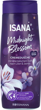 Fioletowy kremowy żel pod prysznic Isana Midnight Blossom, lilia i jaśmin, limitowana edycja, widok z przodu.