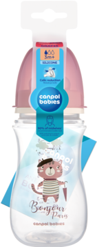Różowa butelka antykolkowa Canpol babies 3m+ z silikonowym smoczkiem, kotkiem w beretcie i napisem Bonjour Paris.