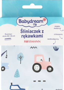 Niebieski śliniak Babydream z rękawami i kieszenią, wzór z traktorem, widoczny na opakowaniu Rossmann.
