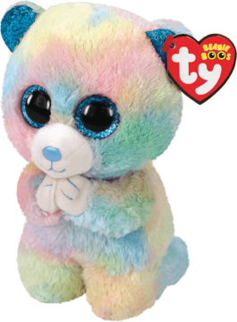 Pluszowa zabawka Ty Beanie Boos, puszysty, tęczowy miś z błyszczącymi, niebieskimi oczami, siedzi z łapkami.
