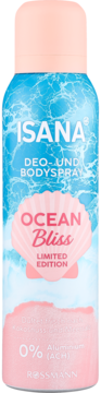 ISANA Ocean Bliss DEO- & BODYSPRAY, niebiesko-różowy, z grafiką muszli, 0% Aluminium, z przodu.