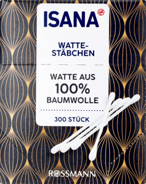 Isana Patyczki kosmetyczne 300 sztuk, 100% bawełny, na czarno-złotym opakowaniu w stylu art deco, widok z przodu.