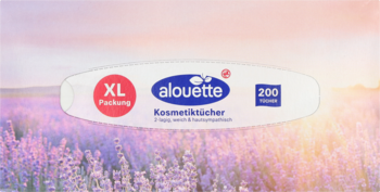 Alouette chusteczki kosmetyczne XL, 200 szt. w białym, owalnym opakowaniu, widok z przodu, na tle lawendy.