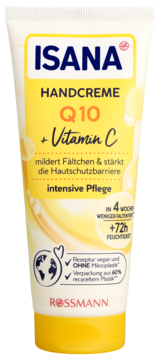 Isana Q10 + Witamina C krem do rąk, biała tubka z żółtymi detalami, przód, redukujący zmarszczki i nawilżający 72h.