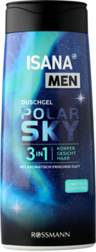 Isana Men Polar Sky 3-w-1 żel pod prysznic, ciemna butelka z niebieską zorzą polarną. Widok z przodu.