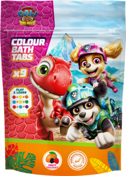 Przednie opakowanie 9 kolorowych pastylek do kąpieli Paw Patrol, z dinozaurem, Skye i Rubble, owocowe zapachy.