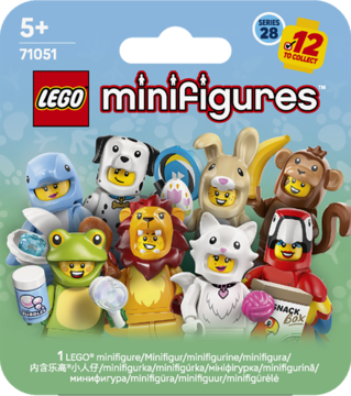 Front opakowania LEGO Minifigures Seria 28, 12 kolekcjonerskich figurek w barwnych kostiumach zwierząt i postaci.