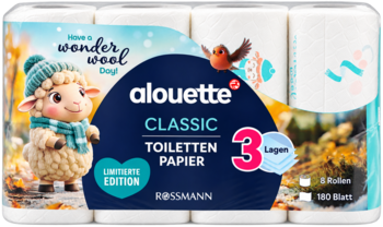 Alouette Classic 3-warstwowy papier toaletowy, 8 rolek, z owieczką w czapce i ptaszkiem, edycja limitowana.