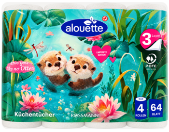 Alouette ręczniki kuchenne, 4 rolki, 3-warstwowe, bezchlorowo wybielane, z grafiką wydr na niebieskim tle.