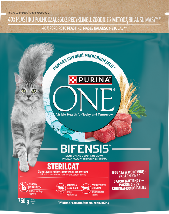 PURINA ONE, Sterilcat, karma pełnoporcjowa sucha dla kotów sterylizowanych i kastrowanych, z wołowiną i pszenicą, 750 g