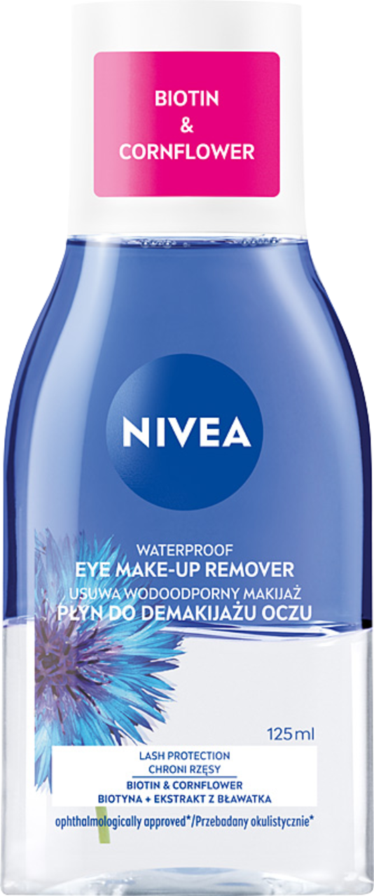 NIVEA, płyn do demakijażu oczu, dwufazowy, usuwa wodoodporny makijaż, Biotyna i Ekstrakt z Bławatka, 125 ml