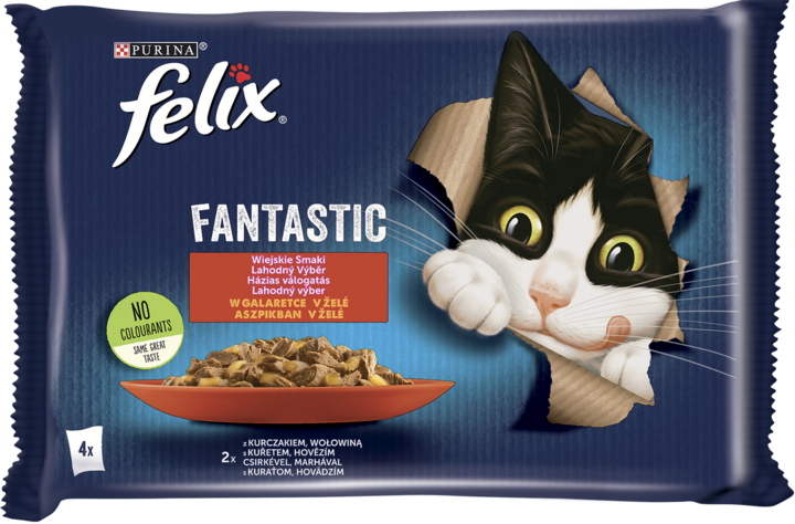 PURINA FELIX, Fantastic, karma pełnoporcjowa mokra dla dorosłych kotów, Wiejskie Smaki, 2 x Kurczak, 2 x Wołowina, w galaretce, 4 x 85 g