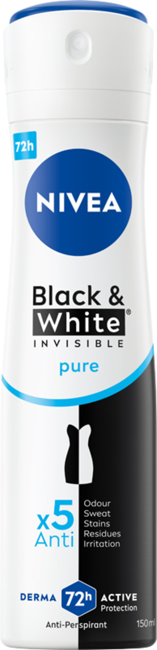 NIVEA, Black & White Invisible, antyperspirant w sprayu, dla kobiet, 72h, Pure, 150 ml