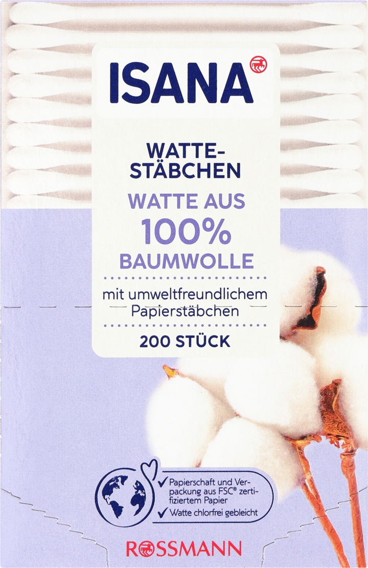 ISANA, patyczki higieniczne, 100% bawelny, 200 szt.