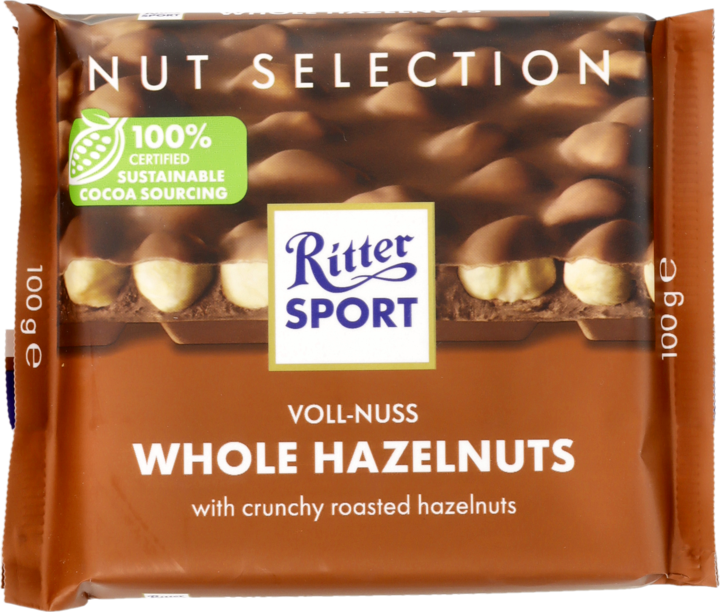 RITTER SPORT, czekolada mleczna z całymi prażonymi Orzechami Laskowymi, 100 g