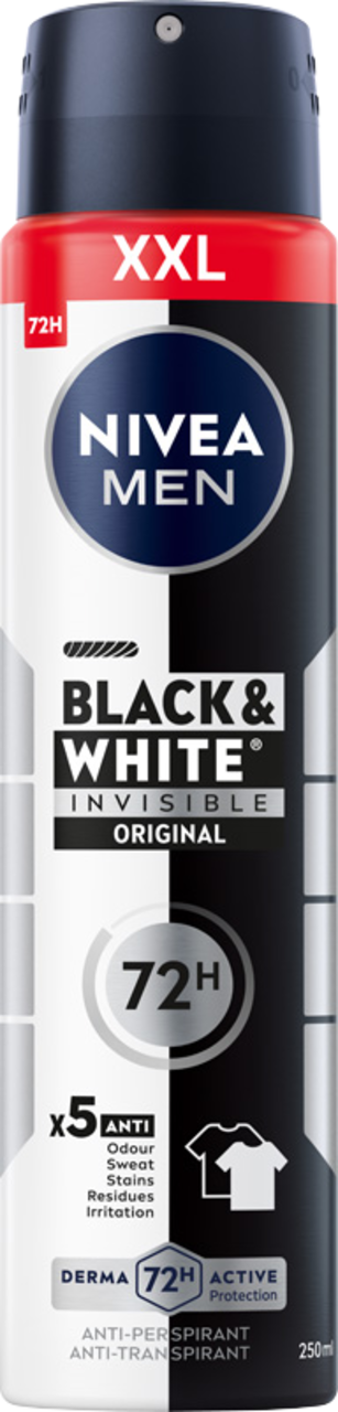 NIVEA MEN, Black & White Invisible, antyperspirant w sprayu, dla mężczyzn, 72h, Original, 250 ml