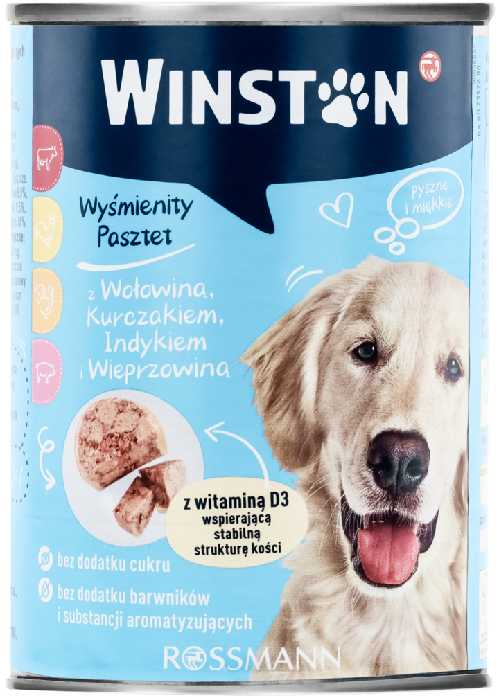 WINSTON, karma pełnoporcjowa mokra dla dorosłych psów, z Wołowiną, Kurczakiem, Indykiem i Wieprzowiną, 400 g
