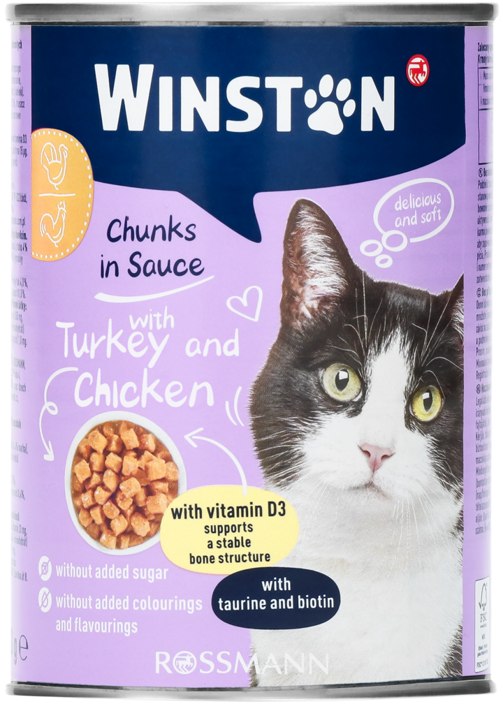WINSTON, Chunks in Sauce, karma pełnoporcjowa mokra dla dorosłych kotów, z drobiem i indykiem, 400 g