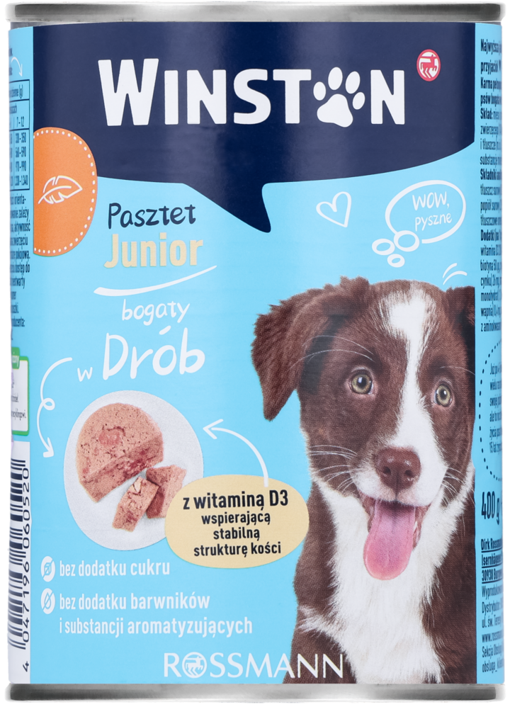 WINSTON, Junior, karma pełnoporcjowa mokra dla szczeniąt, z drobiem, 400 g