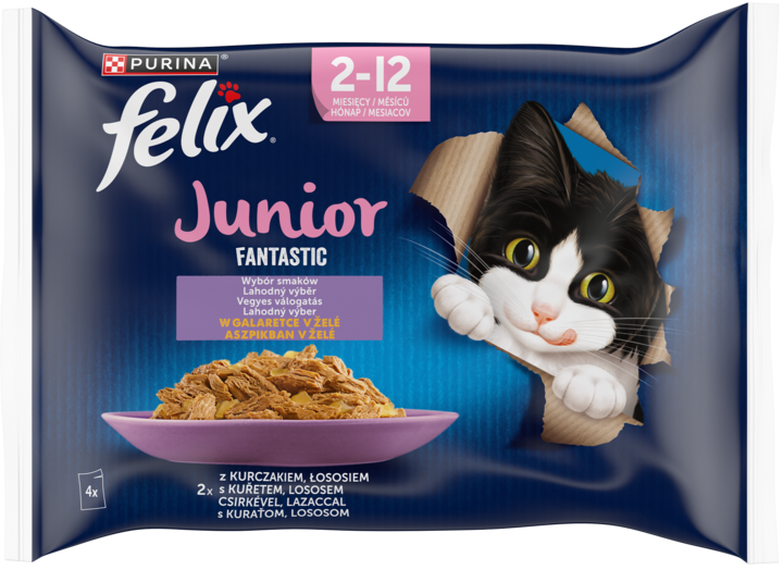 PURINA FELIX, Fantastic Junior, karma pełnoporcjowa mokra dla kociąt, Wybór Smaków, 2 x Kurczak, 2 x Łosoś, w galaretce, 4 x 85 g