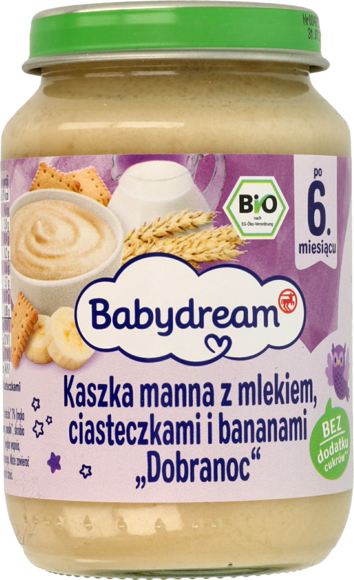 BABYDREAM, kaszka manna z mlekiem, ciasteczkami i bananami, Dobranoc, Bio, po 4. m-cu życia, 190 g