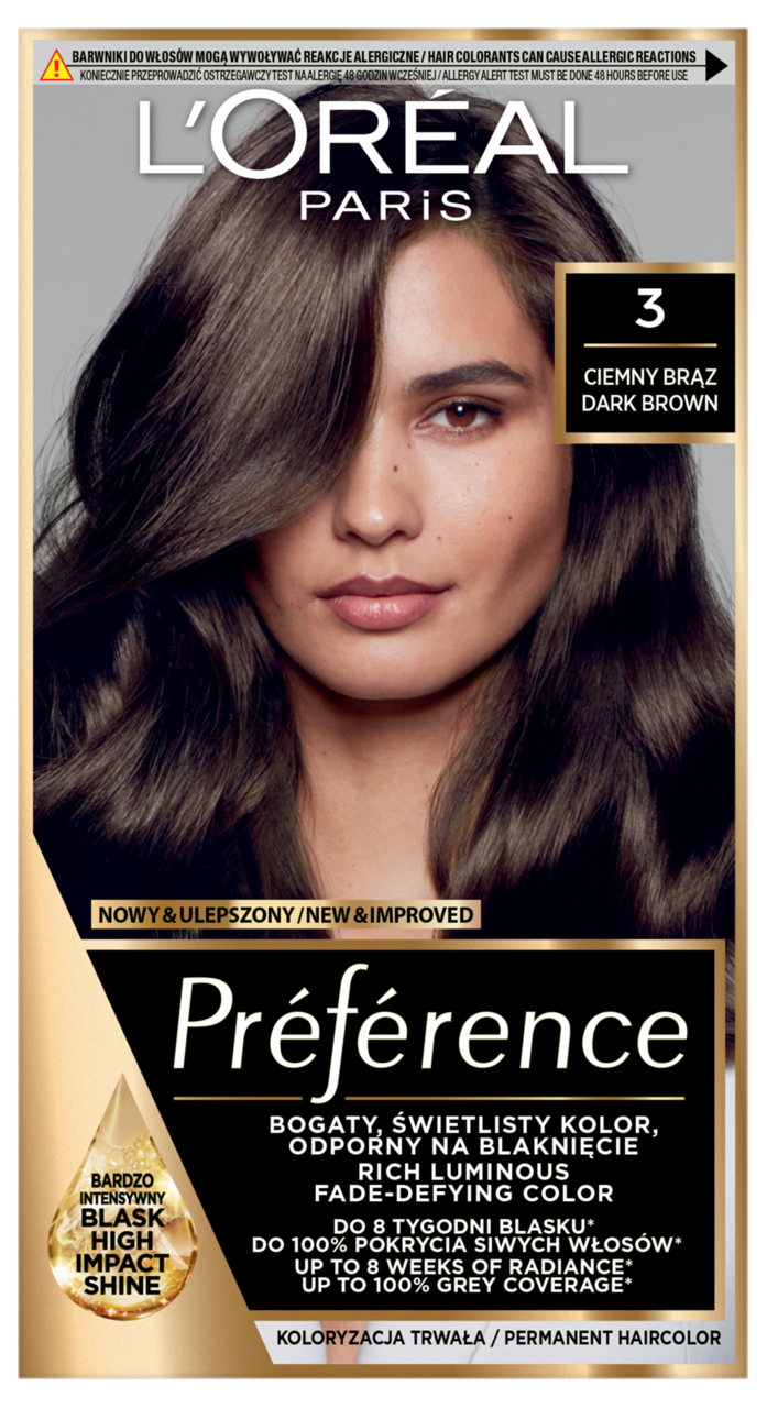 L'ORÉAL PARIS PRÉFÉRENCE, farba do włosów z aktywatorem połysku, koloryzacja trwała, nr 3 Ciemny Brąz, 1 szt.