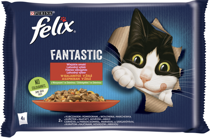 PURINA FELIX, Fantastic, karma pełnoporcjowa mokra dla dorosłych kotów, Wiejskie smaki, w galaretce, z warzywami, 4 x 85 g