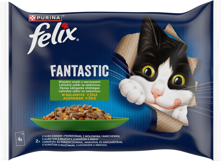 PURINA FELIX, Fantastic, karma pełnoporcjowa mokra dla dorosłych kotów, Wiejskie Smaki, 2 x Kurczak z Pomidorem, 2 x Wołowina z Marchewką, w galaretce, 4 x 85 g