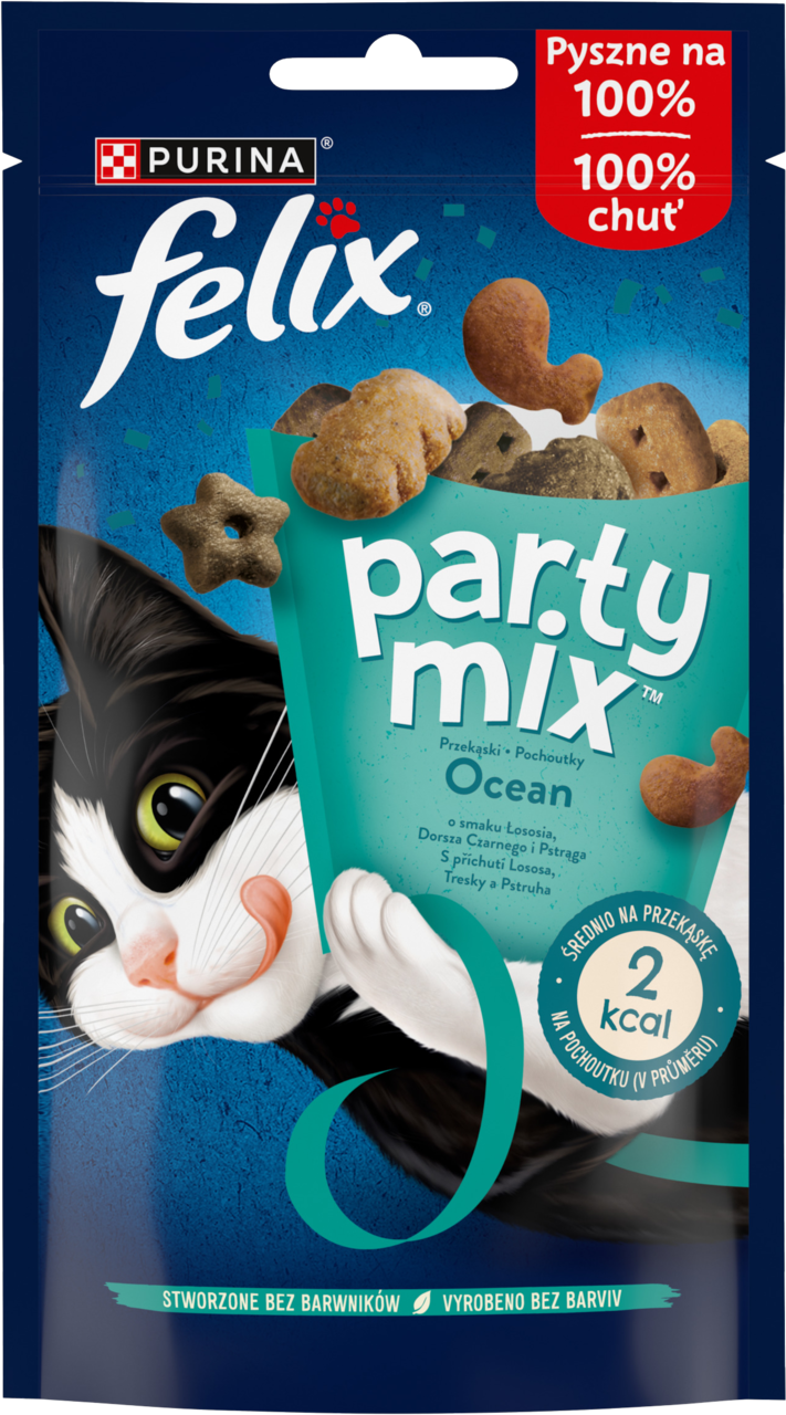 PURINA FELIX, Party Mix Ocean Mix, karma uzupełniająca sucha dla dorosłych kotów, Łosoś, Dorsz Czarny i Pstrąg, 60 g
