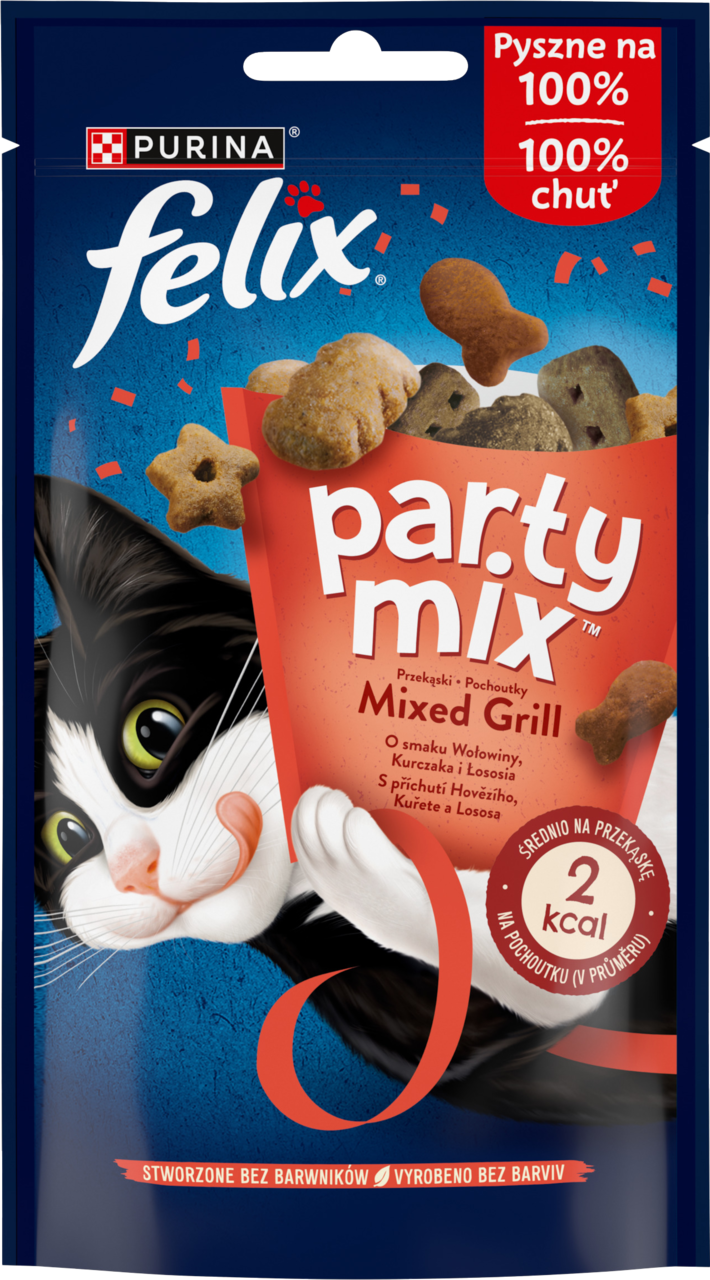 PURINA FELIX, Party Mix Mixed Grill, karma uzupełniająca dla dorosłych kotów, o smaku wołowiny, kurczaka i łososia, 60 g