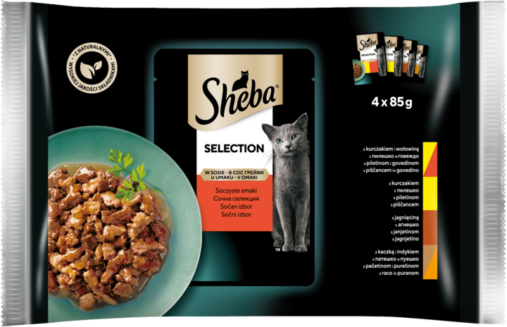 SHEBA, Selection in Sauce, karma pełnoporcjowa mokra dla dorosłych kotów, Soczyste Smaki, w sosie, 340 g