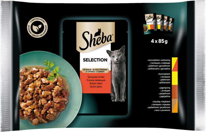 SHEBA, Selection in Sauce, karma pełnoporcjowa mokra dla dorosłych kotów, Soczyste Smaki, w sosie, 340 g