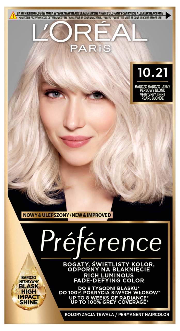 L'ORÉAL PARIS PRÉFÉRENCE, farba do włosów z aktywatorem połysku, koloryzacja trwała, nr 10.21 Bardzo Bardzo Jasny Perłowy Blond, 1 szt.