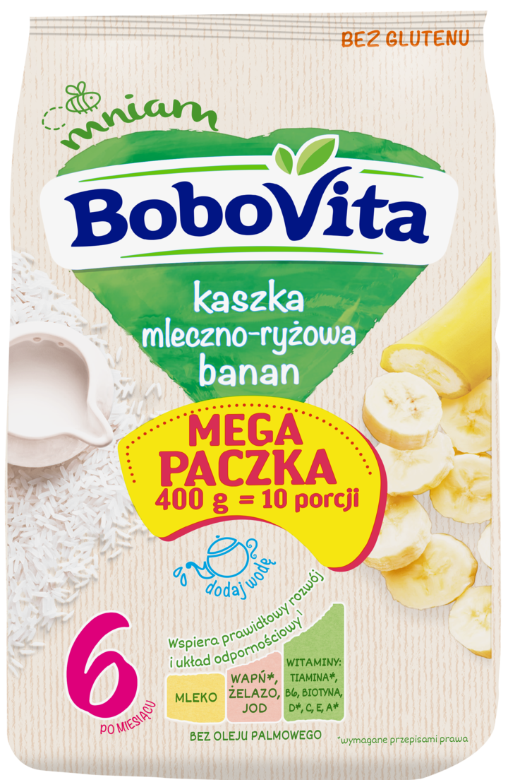 BOBOVITA, kaszka mleczno-ryżowa, bezglutenowa, o smaku bananowym, 6m+, 400 g