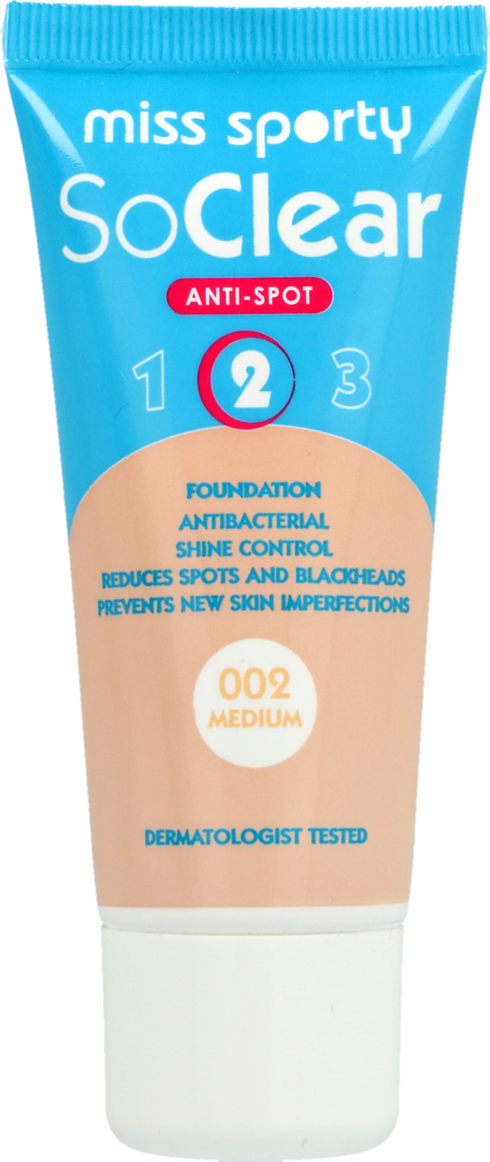 MISS SPORTY, So Clear Anti-Spot, podkład do twarzy, antybakteryjny, matujący, nr 002 Medium, 30 ml