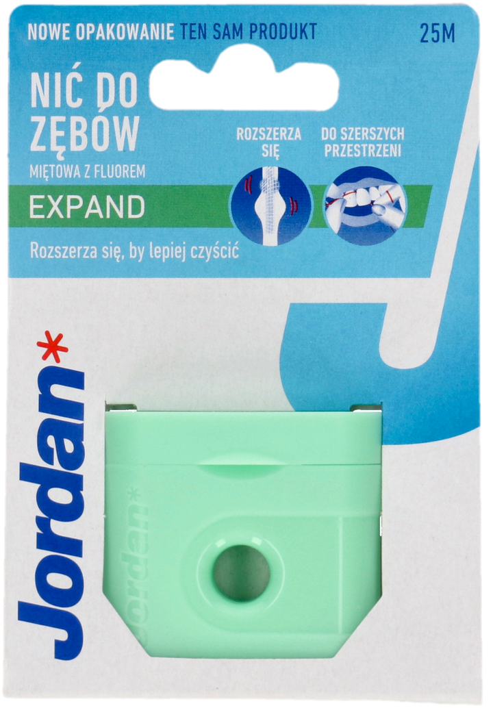 JORDAN, Expand, nić dentystyczna z fluorem, rozszerzająca się, do szerszych przestrzeni, o smaku Miętowym, dł. 25m, 1 szt.