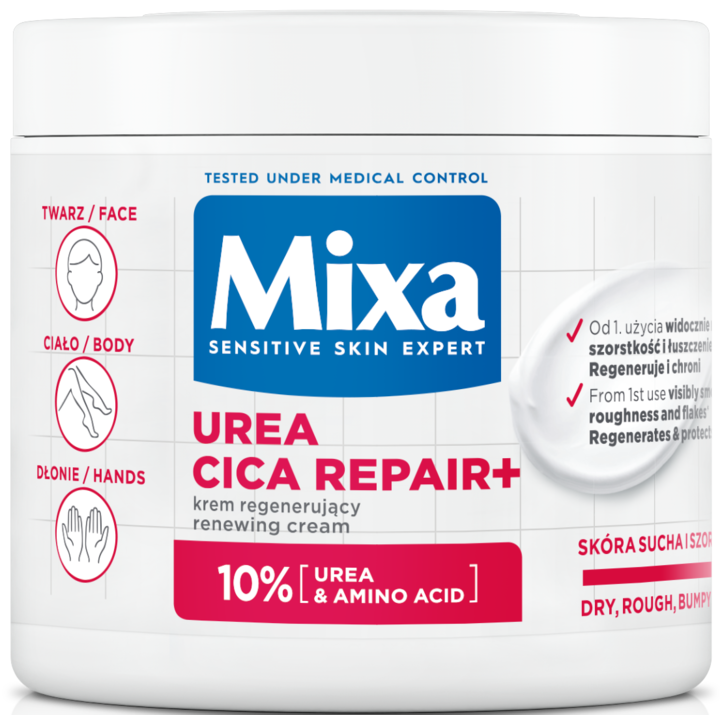 MIXA, Urea Cica Repair+, krem multifunkcyjny, do twarzy, ciała i dłoni, regenerujący, 400 ml