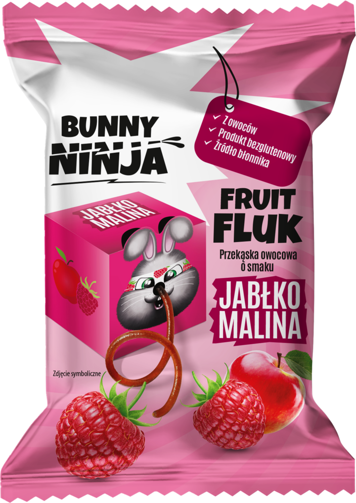 BUNNY NINJA, Fruit Fluk, przekąska owocowa, w kształcie sznurka, Jabłko-Malina, 15 g
