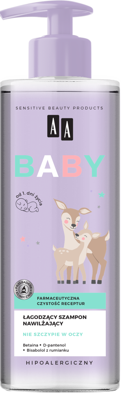 AA BABY, szampon do włosów,  łagodzący, nawilżający, hipoalergiczny, od 1. dnia życia, 250 ml