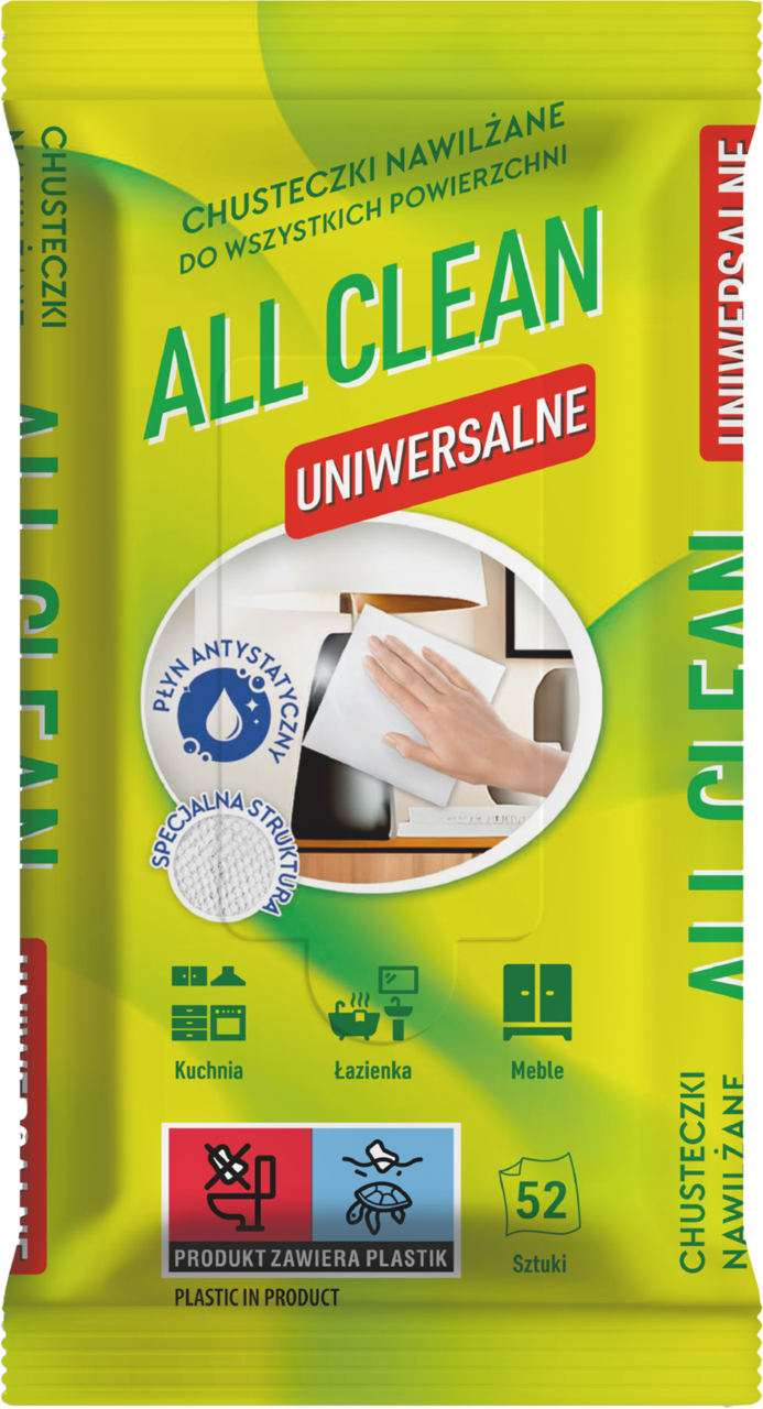 ALL CLEAN, ściereczki nawilżane,  uniwersalne, do wszystkich powierzchni, 52 szt.