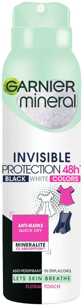 GARNIER MINERAL, Invisible Protection Black White Colors, antyperspirant w sprayu, dla kobiet, 48h, Floral Touch, 150 ml