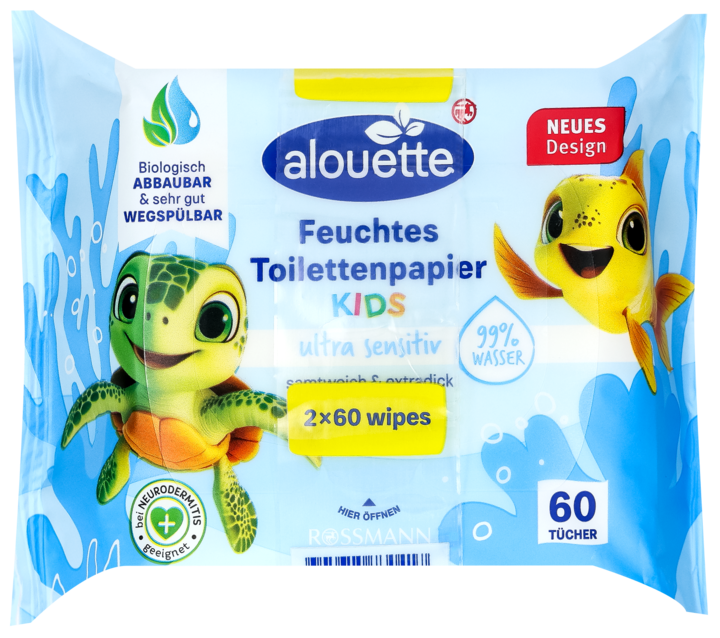 ALOUETTE, Kids, papier toaletowy, nawilżany, 99 % wody, 2 x 60 szt.
