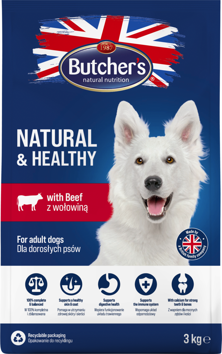BUTCHER'S, Natural & Healthy, karma sucha dla dorosłego psa, z wołowiną, 3 kg