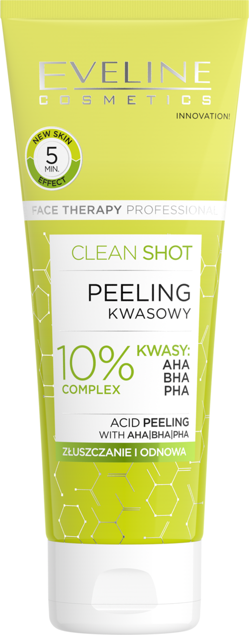 EVELINE COSMETICS, Face Therapy Professional Clean Shot, peeling do twarzy kwasowy, 10% kwasy: AHA, BHA, PHA, 75 ml